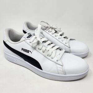 Puma Sneakers Men 10.5 Smash V2 White Leather Black Stripe Low Top 365215-01